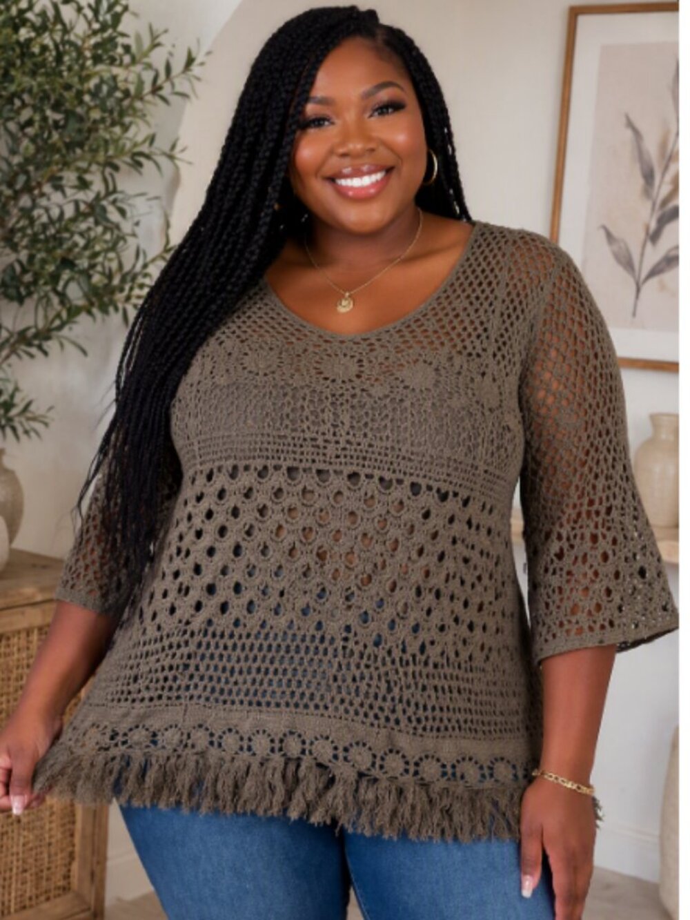 3/$25! NWOT- Roman’s olive green Crochet Fringe Sweater Top - size 3X